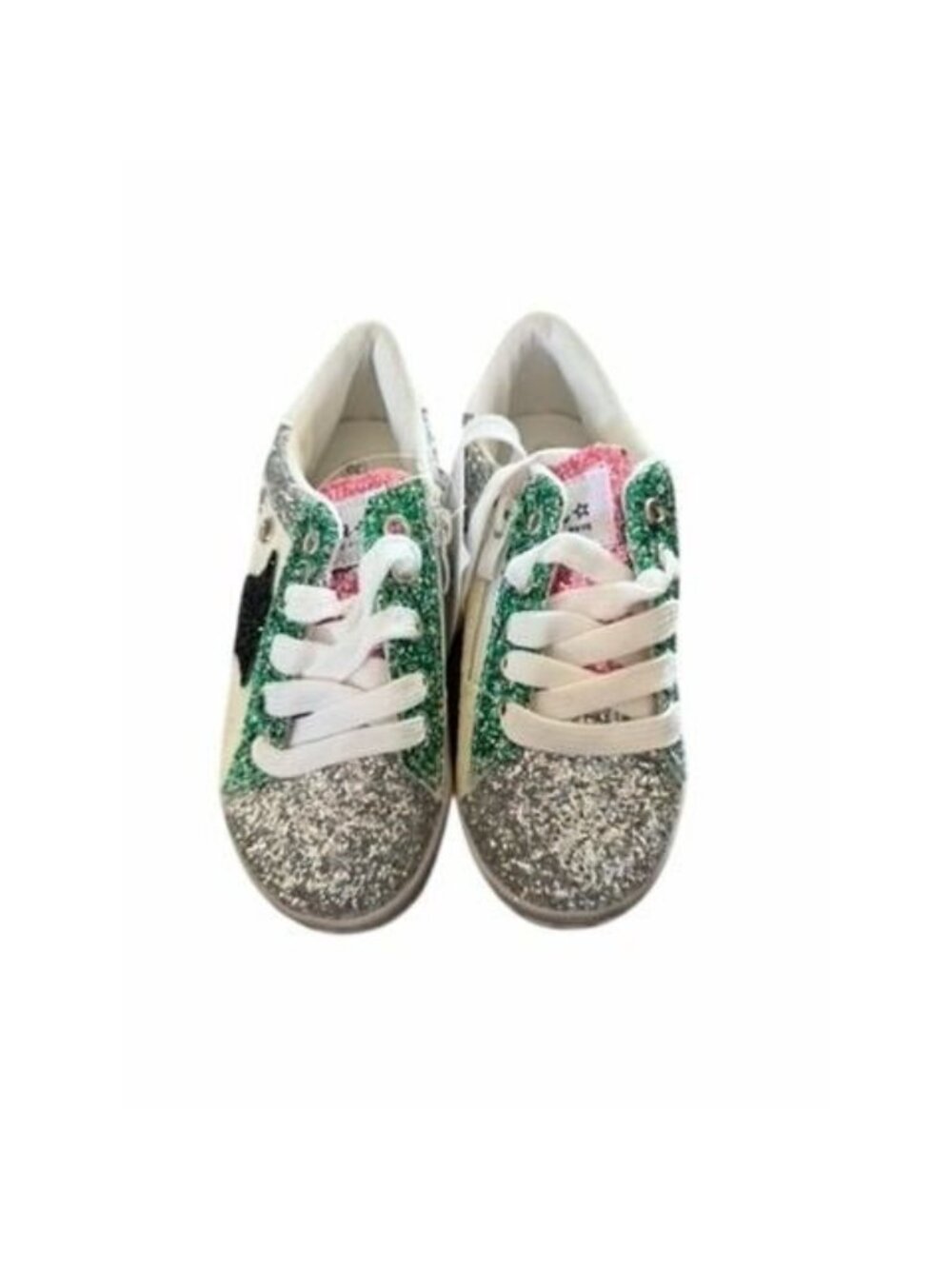 Lola Cruz Kids Glitter Sneakers Size 30 Green Pink White Silver Star Lace-Up Sho